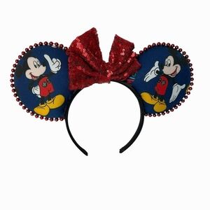Mickey Mouse Ears Headband Red Sequin Bow Blue Character Print Disney Accessory